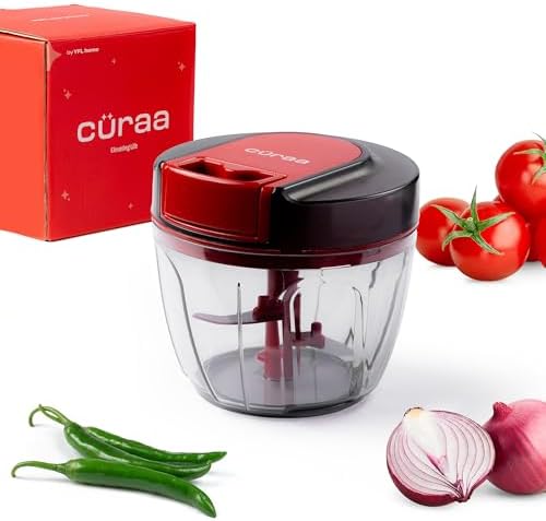 Cüraa by YFL home ChopLab Lite Manual Chopper | 650 ml Portable Vegetable Chopper| Mini Chopper for Kitchen with Stainless Steel Blades for Chopping Onion, Ginger, Garlic, Vegetables, Herbs, Nuts |Red