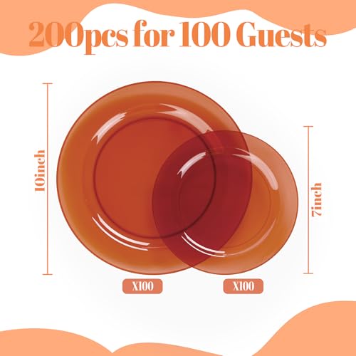 Image of I00000 200 Pcs Clear Brown Plastic Plates - Elegant Disposable Plastic Party Plates Include 100 Dinner Plate 10'' and 100 Dessert Plate 7'' Perfect for Birthday, Party & Wedding