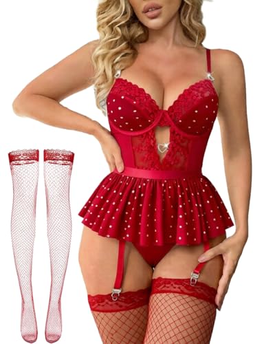 Image of Alrovetoney Women Lingerie Set Naughty Lace Bodysuit High Waisted Underwire Lingerie Babydoll With Garter Belt and Stockings