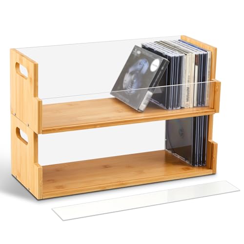 CroBlissful 2 Set Wooden Cd Storage Box Holder - Bamboo& Acrylic Visible Cd Display Holder Crate