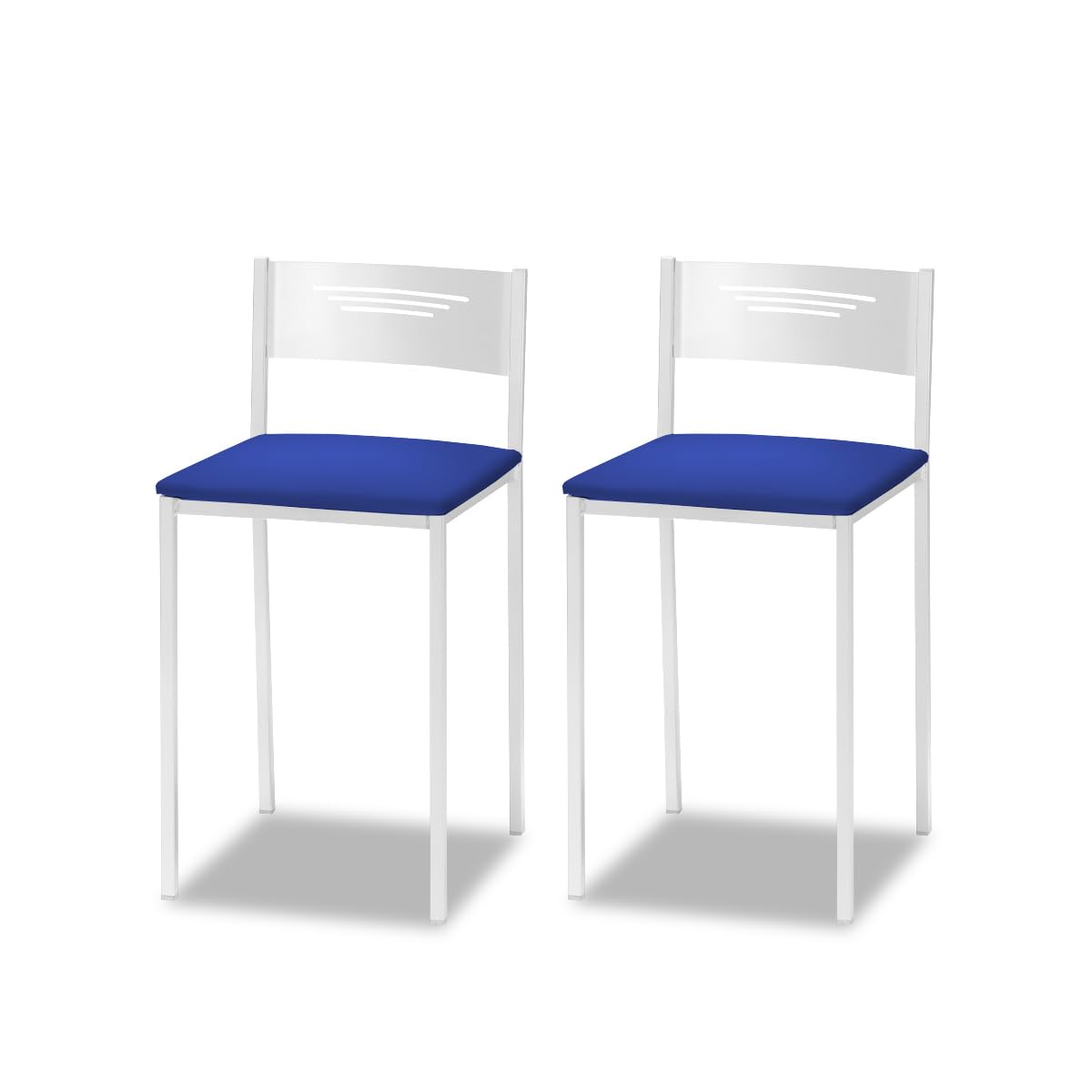 ASTIMESA - Taburetes de Cocina Tapizado con Respaldo - Estructura Sólida y Firme - Estructura Blanca y Asiento en Polipiel - Color del Asiento: Azul. Contenido: 2 Unidades. Medidas: 35 x 35 x 64 cm