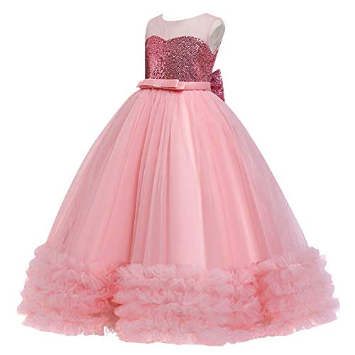 Girls Sequins Tulle Dress Sleeveless Bowknot Birthday Prom Princess Wedding Pageant Communion Party Long Ball Gown2