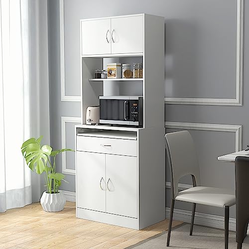 HOMCOM Alacena de Cocina Mueble Aparador Auxiliar con 4 Puertas Bandeja Extraíble Estante Ajustable Cajón y Encimera de Microondas Abierta 70x40x180 cm Blanco - imagen 2