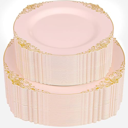 102PCS Pink Plastic Plates - Pink and Gold Plate - Heavyweight Disposable Plate with Gold Rim - Fancy Dinner & Dessert Plates for 51 Guests Weddings & Parties