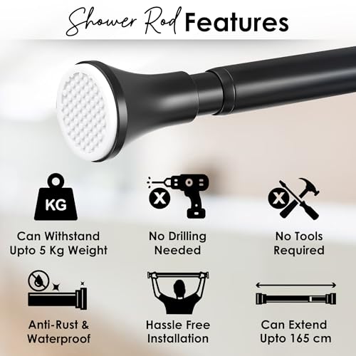 Image of Story@Home DIY Extendable Shower Curtain Rod, 85-165 CM Color: Matte Black Stainless-Steel Curtain Rod Holder without drill for Bathroom, Window & Door.