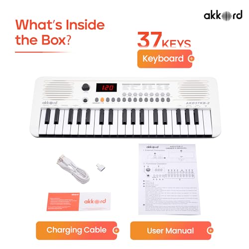 Image of Akkord 37 Keys Music Keyboard - White Edition | 20 Rhythms, 10 Tones & 10 Demos, LED Display, Portable Beginner Piano Compatible | Kids, Beginner Keyboard with USB-C Cable (Without Adapter and MIDI)