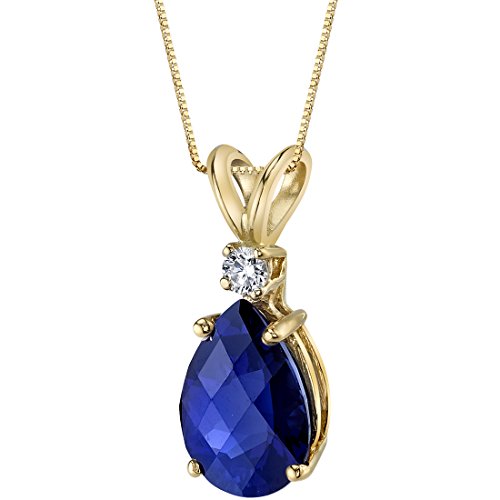 Peora Created Blue Sapphire with Genuine Diamond Pendant in 14K Yellow Gold, Elegant Teardrop Solitaire, Pear Shape, 10x7mm, 2.50 Carats total
