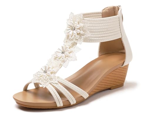 Wedge Sandals for Women Summer Open Toe Fashion Dress Shoes Flower Rhinestone Casual Ankle Strap Platform for Walking Beach Vacation Comfortable Dressy Sandals