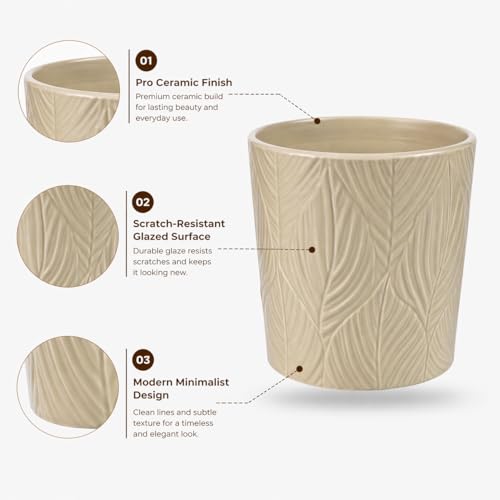 Image of Xtore Graceful Textured Ceramic Planter Pot for Indoor Plants | Nature-Inspired Leaf Pattern Flower Pot for Home, Office Desk & Balcony Decor (Beige - Planter only)