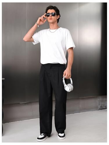 OYOANGLE Men's Pleated Mid-Rise Straight Leg Pants Loose Fit Casual Dress Pants with Pockets2
