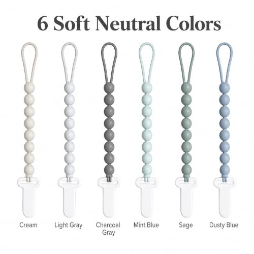 Image of 6 Pack Neutral Silicone Pacifier Clips for Boys and Girls, One Piece Beads Pacifier Clip Set with Durable Plastic Clip, Neutral Baby Pacifier Holder Set