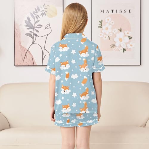 Fox White Clouds Pattern Summer Satin Pajama Set, Cute Button-Down Sleepwear Pj Set for Sleep Wears4