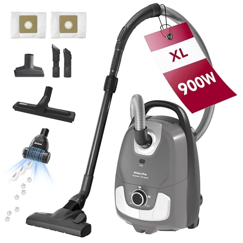 Akitas C11 900W Aspiradora con Bolsa Turbo Cable de 7m Succión Ajustable Cepillo Turbo para Pelo de Mascotas Cabezal de Cepillo Extra Incluido 4 en 1 para Suelos Duros y Alfombras