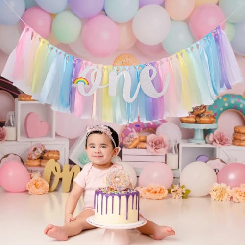 Image of 1st Birthday High Chair Banner One Year Birthday Decorations Pastel Rainbow Theme First birth day Banner for Girls Boys 1st birthday Party Baby Shower Decorations Highchair Garland
