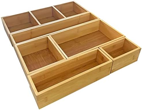 Bamboo Junk Drawer Organizer and 6 Storage Box Dividers Set,8 Compartment Organization Tray Holder for Craft,Sewing,Office,Bathroom.Kitchen …
