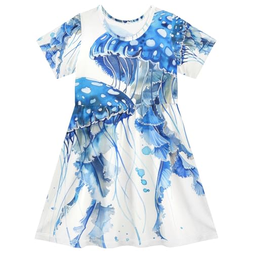 ALAZA Girls' Dresses Watercolor Blue Spotted Jelly Fish Aquarium Life Marine Animals Ocean Deep Sea Short Sleeve Dresses