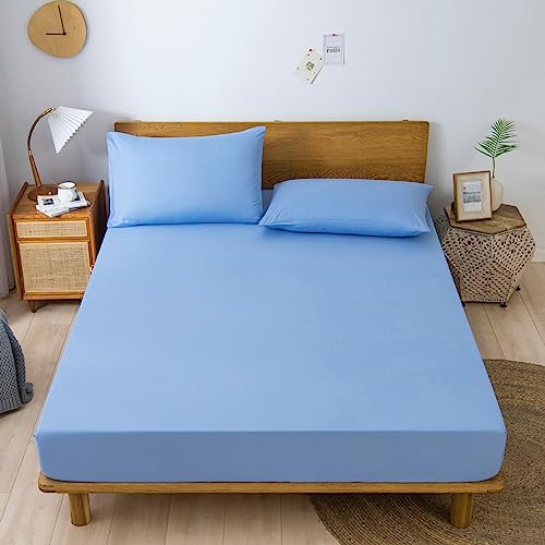 Confis ボックスシーツ シングル 綿100% 毛玉なし 抗菌 速乾 ゴム付き マットレスカバー ベッドカバー 安眠 無地 オールシーズン(ブルー、シングル・100x200cm)