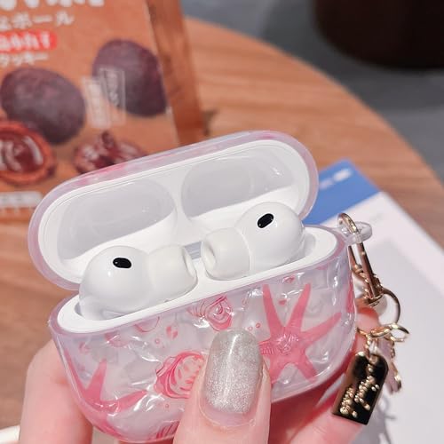 Image of MINSCOSE for AirPods Pro 3 Clear Case,Cute Glitter Seashell and Starfish Pattern Design with Folral Keychain,Soft TPU Protective Cover with Cleaner Kit for Girls Women-Pink