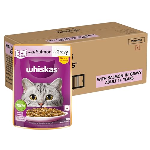 Whiskas Adult (1+ Years) Wet Cat Food, Salmon in Gravy, 80 g (Pack of 56), Hydrating Food Made With Real Fish, 100% Complete & Balanced Nutrition for Adult Cats