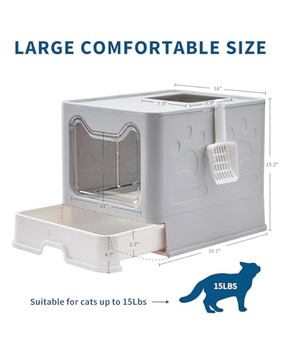 Image of Medario Cat Litter Box with Litter Mat and Scoop, Large Covered Litter Box with Lid, Enclosed Kitty Box, Front Entry Top Exit, Odor Control, Easy to Clean (Grey)