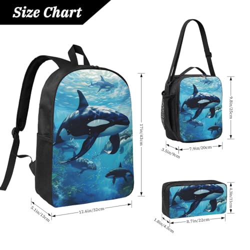 Killer Whales Swim Along print Backpack Bookbag for Daily Use,3 Pcs Backpack Set with Lunch Box and Pencil Case4