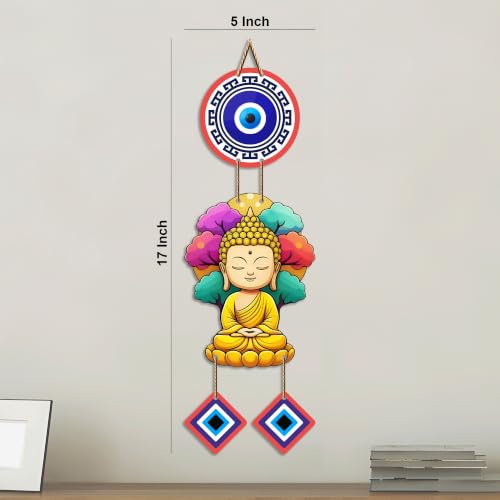 Image of Artvibes Buddha Serenity Wall Hanging with Evil Eye Protection Charms | Spiritual Decorative Hanging for Meditation | Yoga and Prayer Rooms | Wooden Home Decor Accent for Living Room (WH 85100N)