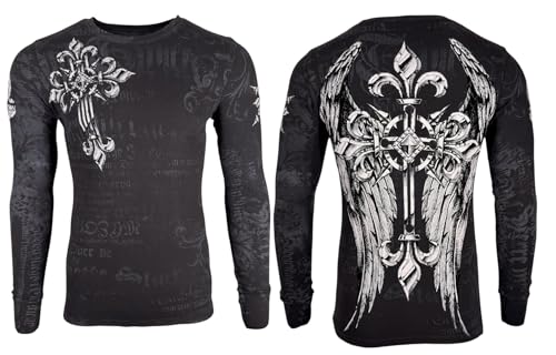 Archaic by Affliction Men's Thermal Shirt Hercules, Long Sleeve, Black, Cross and Wings Graphic Design (US, Alpha, Large, Regular, Regular, Black (Hercules))