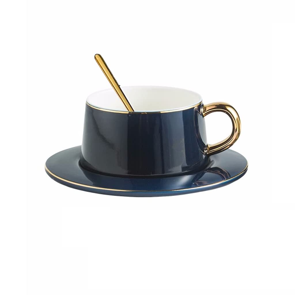 Nff Cup And Saucer Set, Ceramic Coffee Mug And Saucer Porcelain Afternoon Tea Cup Set With Gold Rim Suitable For Coffee, Tea, Milk, 250ML (Color : Dark blue)