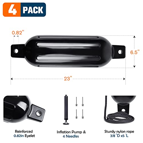 Shine Decor Boat Bumpers 4 Pack, 6.5"X 23" Boat Bumpers For Docking, Uv-Resistant Inflatable Twin Eye Ribbed Boat Fenders For 20-26Ft Boat Pontoon Pwc Jet Boat Deck Boat With 4 Ropes 1 Pump 4 Needles #TOP1