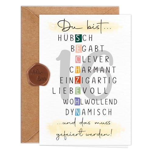 Giftota Geburtstagskarte 16 Jahre M&auml;dchen Jungen (A6 Klappkarte mit Umschlag & Wachssiegel), Sch&ouml;ne Geschenkkarte zum 16. Geburtstag mit besonderen Designs, Sweet 16 Gru&szlig;karten f&uuml;r Freunde, Kinder