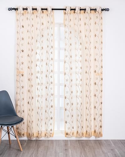 Image of (5 Ft Sheer Tissue with Embroidery Flower Designn | Grommet Curtains Window Curtain | Window Curtain (Brown) | for Home | (Pack of 2) | 152 L X 121 W Centimeters