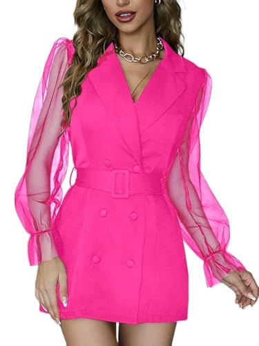 LYANER Women's Elegant Collar V Neck Lace Long Sleeve Blazer Mini Dress with Belt Pure Rose Medium