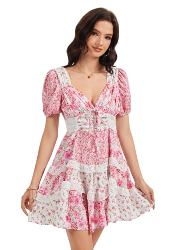hibshaby Women's Floral Patchwork Dress V Neck Lace Layered Ruffle Flowy Babydoll Dress Puff Sleeve Tiered Mini Sundress3