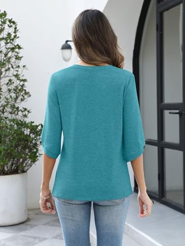 Image of TICTICMIMI Womens Tops 3 /4 Length Sleeve V Neck Casual Trendy Button Tunic Tops Summer Basic T-Shirts Loose Fit Pullover