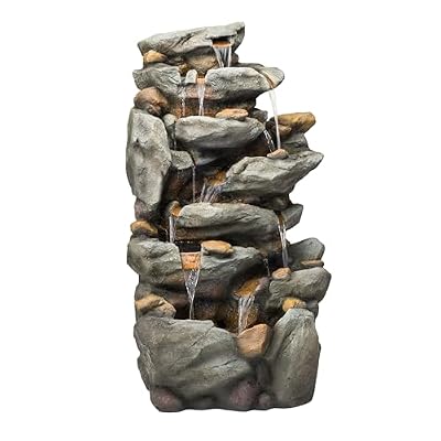 Alpine Corporation TZL130 Outdoor Floor 8-Tiered Rock Waterfall Fountain with LED Lights and Natural Stone Look, 50", Gray