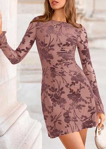 Image of PRETTYGARDEN Women's Fall Floral Long Sleeve Mini Dress | Printed Sheer Mesh, Bell Sleeve Boat Neck, Bodycon Short Dresses, Party Date Night, Cute Casual Outfits, Fashion Clothing