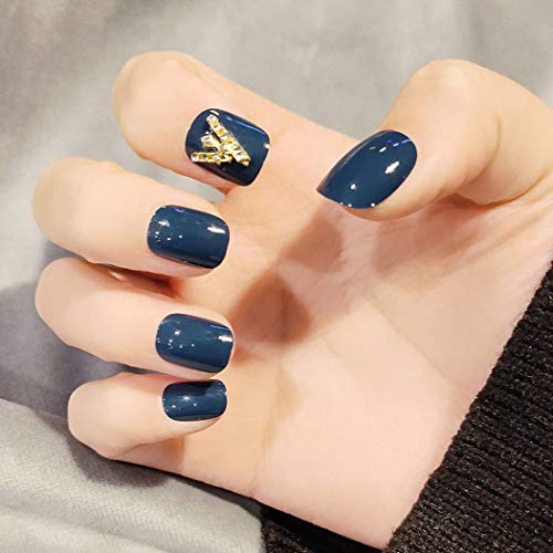 Sethexy Glossy Squoval Short False Nails Darkblue Rhinestone Studs Full Cover Acrylic Fake Nails Tips for Women and Girls