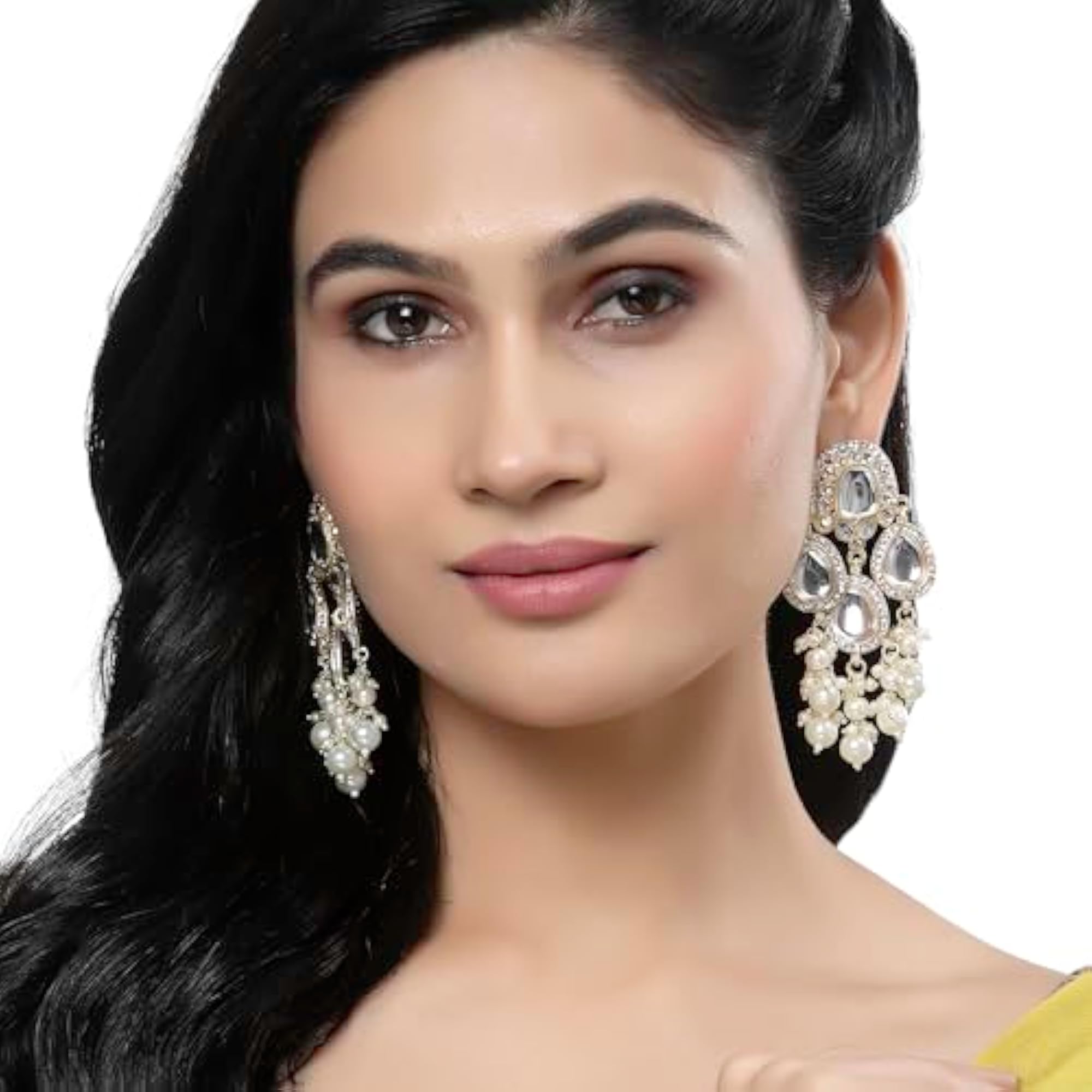 Gold-Plated Kundan & Pearls Teardrop Mirror Earrings