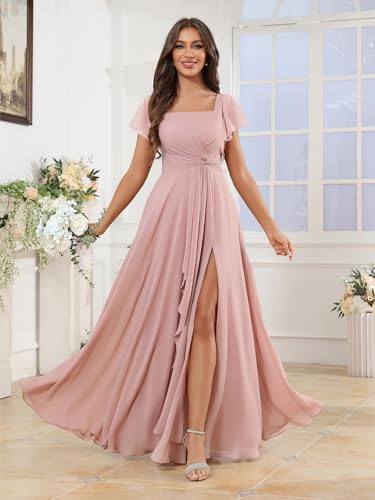 Square Neck Chiffon Bridesmaid Dresses for Women with Slit A-line Flutter Sleeve Formal Evening Dress4