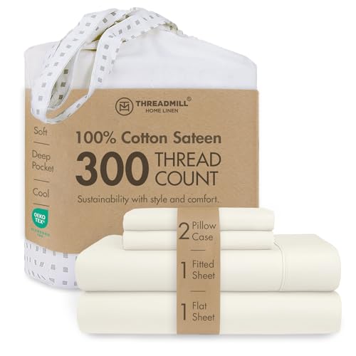 Image of Threadmill 300 Thread Count Cotton Full Sheet Set, Sateen, Solid, Ivory | 100% Cotton, Sateen Weave, 4-Piece Set, 16 inch Deep Pocket, All-Around Elastic, Cooling, Breathable, OEKO-TEX Certified