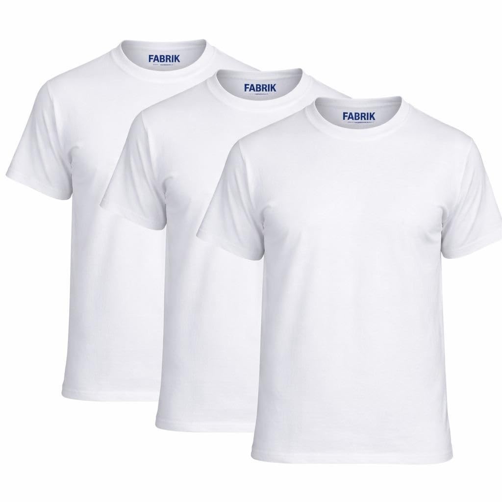 Fabrik T-shirt girocollo tinta unita con confezione da 3 da uomo, colore bianco, 2XL-8XL
