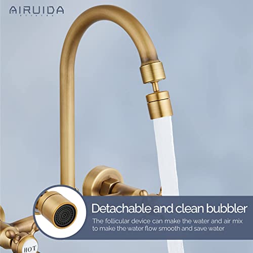 Airuida Antique Brass Wall Mount Kitchen Sink Faucet 8 Inch Center Wall Mount Faucets Connector Set Stainless Steel Commercial Kitchen #TOP5