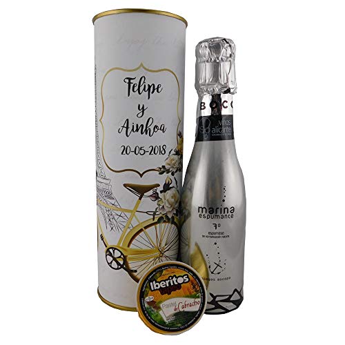 Lote de 6 Unidades Lata PERSONALIZADA con abre fácil con vino espumoso y pastel de cabracho