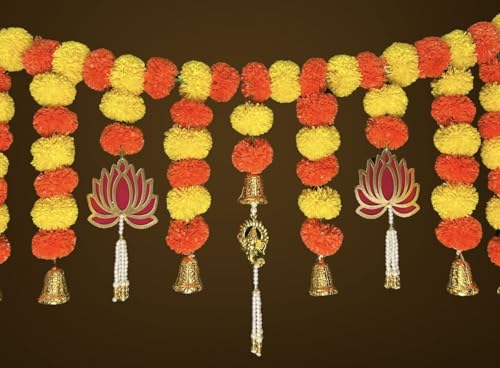 Image of iHandikart Handmade Lotus Marigold Bandanwar with Golden Bells Traditional Door Bandanwar for Makar Sankranti, Lohri, Festive Home Decor & Housewarming Decoration (40 Inch)