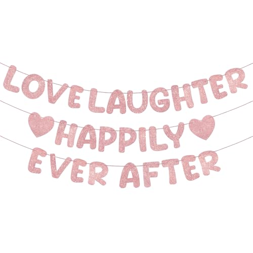 Breling Pre Strung Love Laughter Happily Ever After Banner Glitter Bridal Shower Decorations Bachelorette Party Decor for Love Married Wedding Shower Engagement Party Banner(Rose Gold)