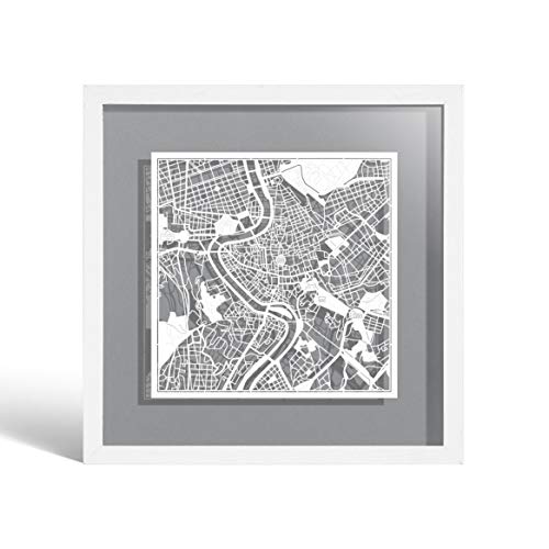 O3 DESIGN STUDIO Carte de Rome découpée sur papier encadrée, carte blanche, cadre blanc, 22,9 x...