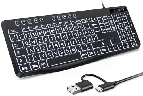 OMOTON Beleuchtete Tastatur, Kabel PC Tastatur, QWERTZ Weiß Beleu...