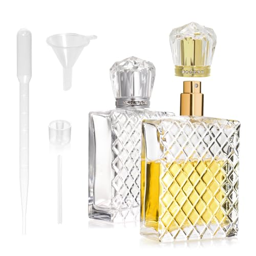 LUBOXIN 2 Pcs 100ml Perfume Atomisers Refillable, Crown Glass Perfume Spray Bottle Square Grids Empty Perfume Bottles Portable Travel Perfume Atomiser Refillable with Funnel, Dropper and Squeezer
