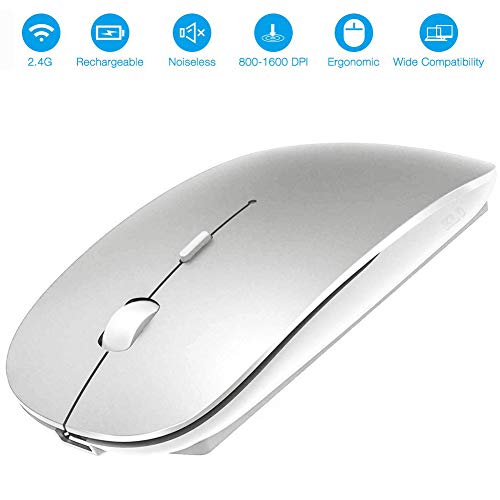 Rechargeable Wireless Mouse, 2.4G Slim Mute Silent Click Noiseless Optical Ergonomic Mouse Portable