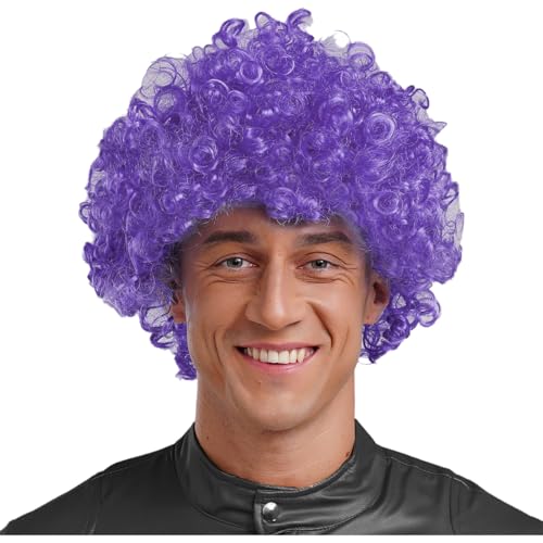 Nyeemya Afro Wig for Men 80s 70s Rocker Wigs Black Short Curly Wig Daily Wig Halloween Cosplay Party Accessory Purple One Size